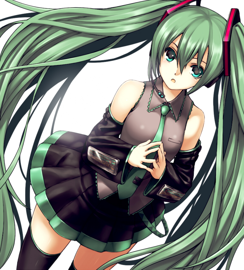 :o aqua_eyes bad_id bad_pixiv_id bare_shoulders black_legwear blush detached_sleeves green_hair hands_together hatsune_miku headset long_hair looking_at_viewer miniskirt necktie pleated_skirt simple_background skirt solo steepled_fingers takemori_shintarou thighhighs twintails very_long_hair vocaloid zettai_ryouiki