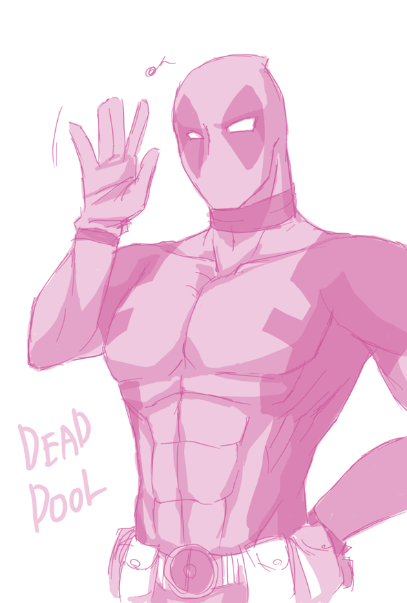bad_id bad_pixiv_id bodysuit deadpool looking_at_viewer male_focus marvel monochrome musical_note simple_background skin_tight solo waving white_background