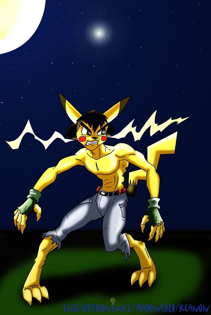ash ashchu black-rat cheeks claws clothed clothing ears electric eyes full_moon gloves keanon_woods male mammal moon mouse nintendo nose pants pikachu pok&#233;mon pok&eacute;mon rodent solo tail teeth transformation video_games