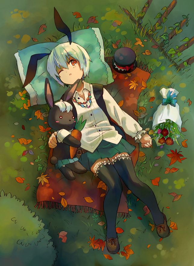 animal_ears bad_id bad_pixiv_id belt blue_hair bouquet bunny bunny_ears carrot flower grass hat jewelry lying necklace one_eye_closed original red_eyes ribbon shati solo thighhighs