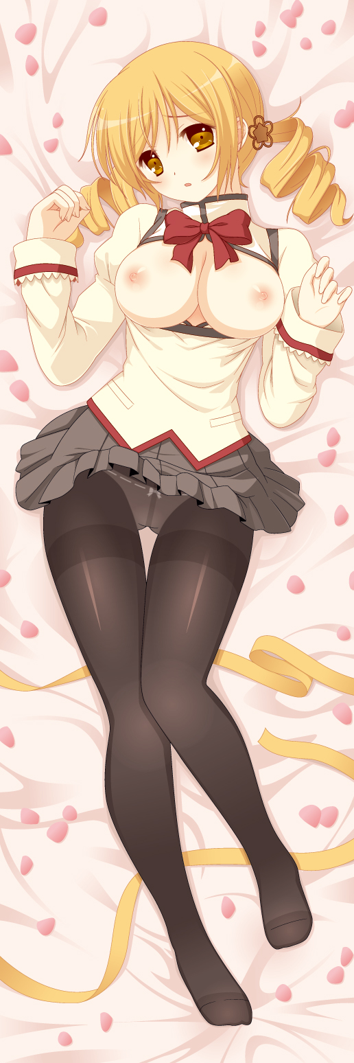 bad_id bad_pixiv_id black_legwear blonde_hair blush bow bowtie breasts breasts_outside cpu_(hexivision) dakimakura drill_hair framed_breasts full_body highres legs long_hair lying mahou_shoujo_madoka_magica medium_breasts mitakihara_school_uniform nipples no_bra panties panties_under_pantyhose pantyhose petals ribbon school_uniform skirt solo tareme thigh_gap thighband_pantyhose tomoe_mami twintails underwear yellow_eyes