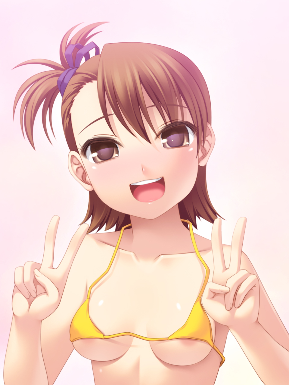 bad_id bad_pixiv_id bikini_top breasts brown_eyes brown_hair collarbone futami_ami highres idolmaster idolmaster_(classic) loose_clothes medium_breasts open_mouth short_hair side_ponytail smile solo swimsuit totokichi v