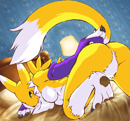 all_fours bed breasts butt canine claws digimon elbow_gloves female fox g-sun invalid_tag looking_at_viewer no_pussy nude oekaki over_the_shoulder presenting raised_tail renamon solo tail yellow