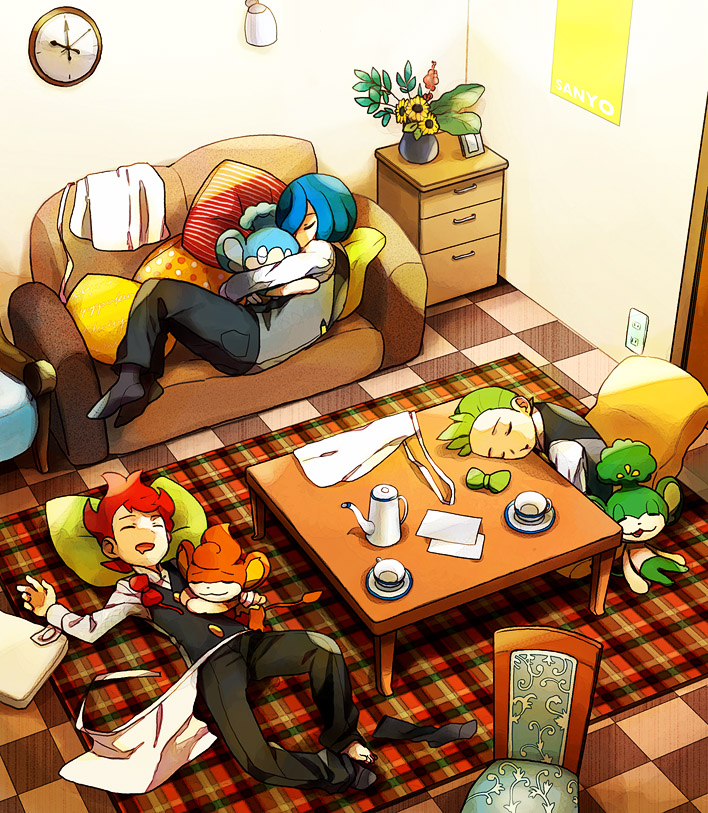 blue_hair bow bowtie chair clock corn_(pokemon) couch dent_(pokemon) gen_5_pokemon green_hair gym_leader hair_over_one_eye hangover holding kurochiroko living_room male_focus multiple_boys panpour pansage pansear pillow plant pod_(pokemon) pokemon pokemon_(creature) pokemon_(game) pokemon_bw potted_plant red_hair saliva sleeping tea_set triplets waiter