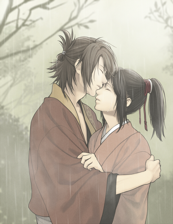 1girl bad_id bad_pixiv_id black_hair brown_hair closed_eyes couple folded_ponytail hakuouki_shinsengumi_kitan hetero hug long_hair minato_(robin) okita_souji_(hakuouki) ponytail rain short_hair yukimura_chizuru