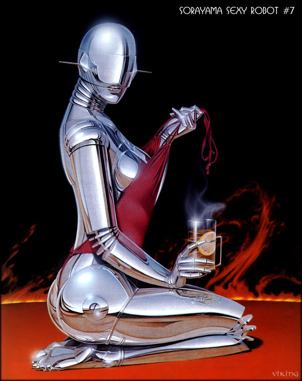 android drink lips metal one-piece_thong original realistic reflection robot_joints seiza sitting solo sorayama_hajime swimsuit teeth undressing