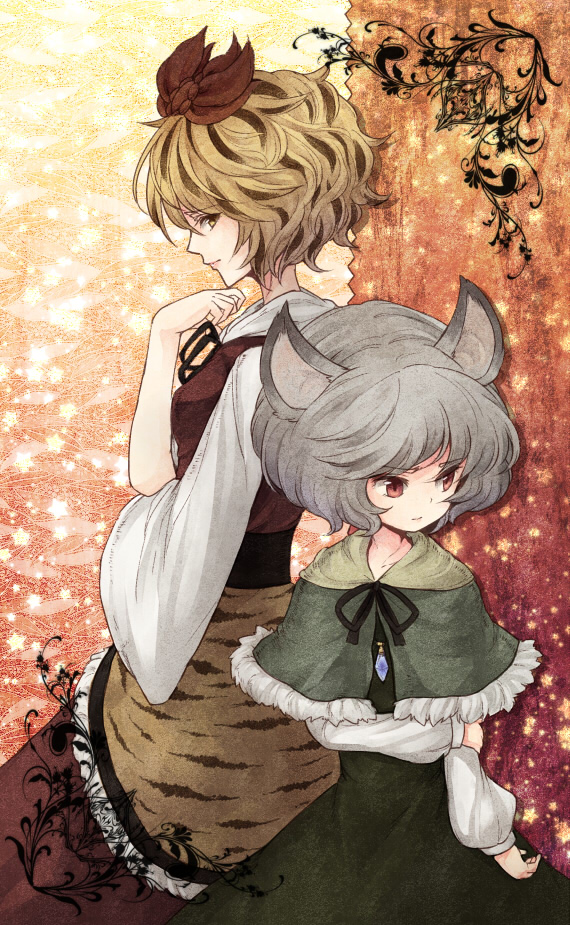 animal_ears animal_print bad_id bad_pixiv_id black_hair blonde_hair capelet grey_hair hair_ornament jewelry mouse_ears multicolored_hair multiple_girls nazrin pendant red_eyes short_hair tiger_print toramaru_shou touhou two-tone_hair urin yellow_eyes