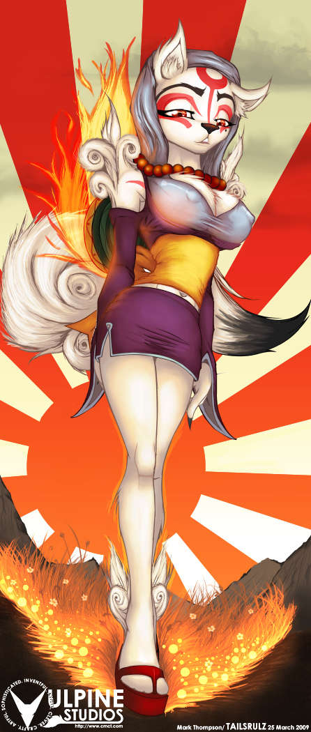 2009 amaterasu beauty_spot big_breasts breasts canine cosplay deity detached_sleeves ear_tuft face_marking female fox hair half-closed_eyes high_heels kitsune looking_at_viewer markings miniskirt multiple_tails red_eyes skirt solo tail tailsrulz tattoo white wolf ōkami