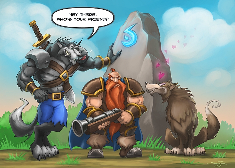 &lt;3 anthro canine curled_tail curly_tail dwarf female feral funny gun human humor hunter interspecies leaning love male mammal meeting_stone outside ranged_weapon samwise sword tail video_games warcraft warrior weapon were werewolf wolf worgen world_of_warcraft