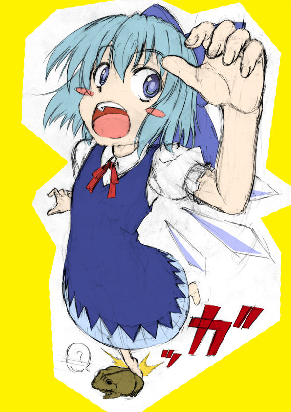 bad_id bad_pixiv_id barefoot blue_eyes blue_hair blush_stickers bow cirno hair_bow short_hair solo touhou tripping wings yukinoserizawa