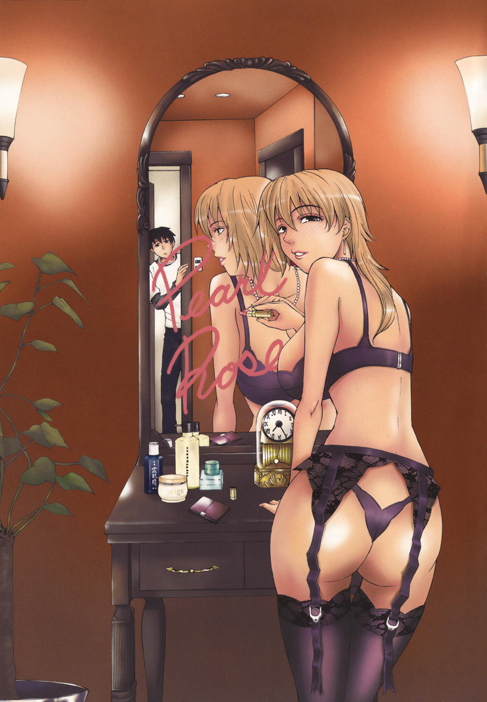 ass blonde_hair blush breasts chest_of_drawers clock dresser garter_belt highres jewelry large_breasts long_hair milf mirror thighhighs