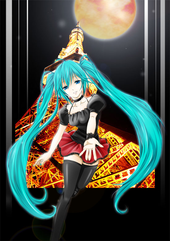 1girl aqua_eyes aqua_hair bad_id bad_pixiv_id full_moon hatsune_miku itsuku_(i-pic) long_hair moon outstretched_hand red_moon skirt solo thighhighs tokyo_tower tower twintails very_long_hair vocaloid wristband