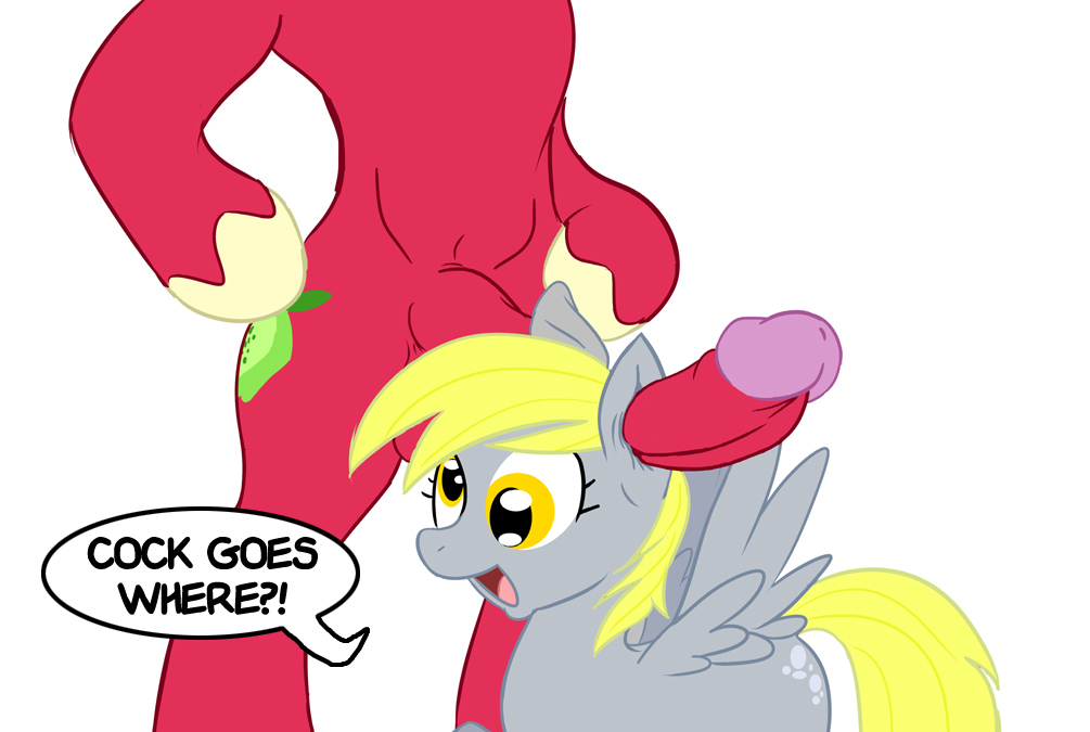 anthro_on_feral aural aural_penetration balls bestiality big_macintosh_(mlp) blonde_hair cock_goes_where cutie_mark derp derp_eyes derpy_hooves_(mlp) dialog doing_it_wrong duo english_text equine female feral friendship_is_magic fucked_silly fur glenn grey_fur hair horse hyper interspecies male mammal mindfuck my_little_pony open_mouth orange_eyes pegasus penis plain_background pony red_fur sex straight tail text what white_background wings