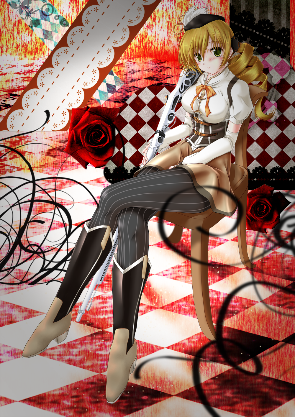 bad_id bad_pixiv_id beret black_legwear blonde_hair boots breasts corset crossed_legs detached_sleeves drill_hair fingerless_gloves flower gloves grey_legwear gun hair_ornament hairpin hat highres large_breasts legs long_legs magical_girl magical_musket mahou_shoujo_madoka_magica pantyhose pleated_skirt puffy_sleeves red_flower red_rose ribbon rifle rose sakurajousui_neko shirt sitting skirt smile solo striped striped_legwear taut_clothes taut_shirt thighs tomoe_mami twin_drills twintails vertical-striped_legwear vertical_stripes weapon yellow_eyes