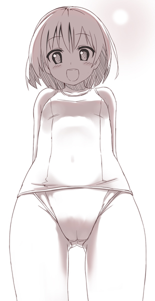 :d bad_id bad_pixiv_id blush cameltoe collarbone flat_chest from_below monochrome one-piece_swimsuit open_mouth original sawada_yuusuke school_swimsuit short_hair smile solo swimsuit