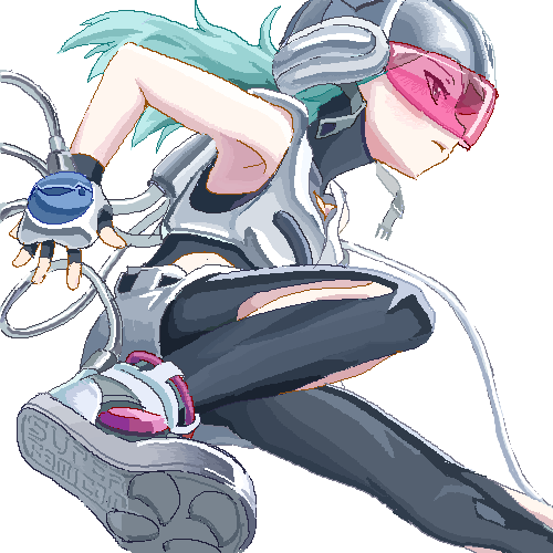 bad_id bad_pixiv_id cable fingerless_gloves game_console gloves hashimoto_(sunehari0109) head_mounted_display helmet lowres nintendo oekaki personification shoes sneakers solo super_famicom
