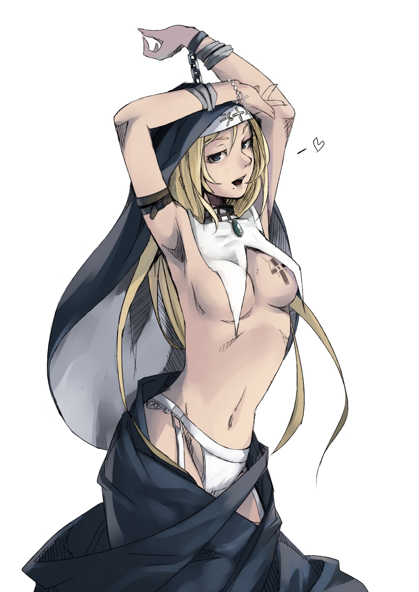 armpits arms_up bad_id bad_pixiv_id belt blonde_hair blue_eyes bracelet breasts chain cowboy_shot cross cuffs garter_belt habit heart jewelry kotobuki_ryou long_hair medium_breasts midriff mole mole_under_mouth navel nun original solo stretch tattoo undressing