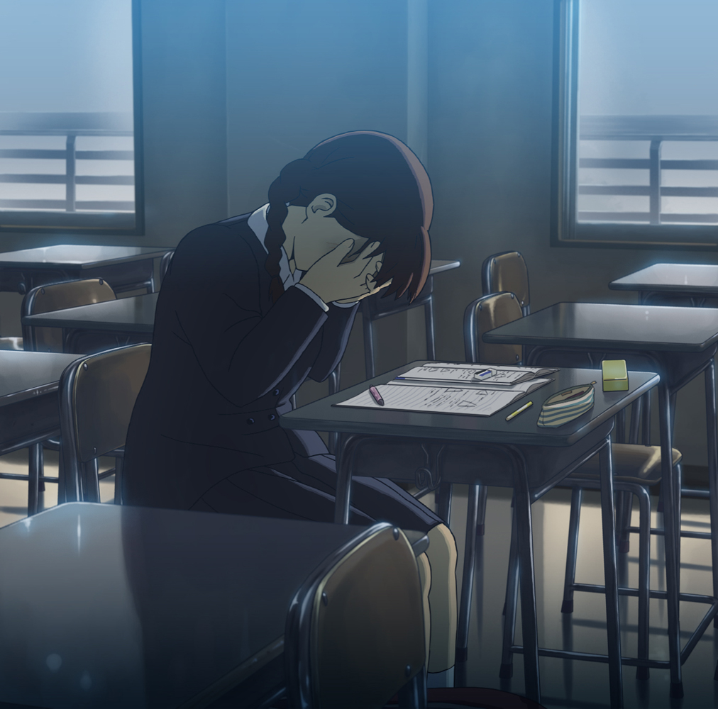 1girl braid brown_hair chair classroom dark desk isai_shizuka lonely pencil sad scenery school_uniform sitting skirt solo window