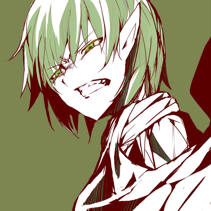 angry bangs clenched_teeth face green green_background green_eyes hair_between_eyes kotonari_seesaa mizuhashi_parsee monochrome muted_color pointy_ears scarf scowl short_hair simple_background solo teeth touhou upper_body