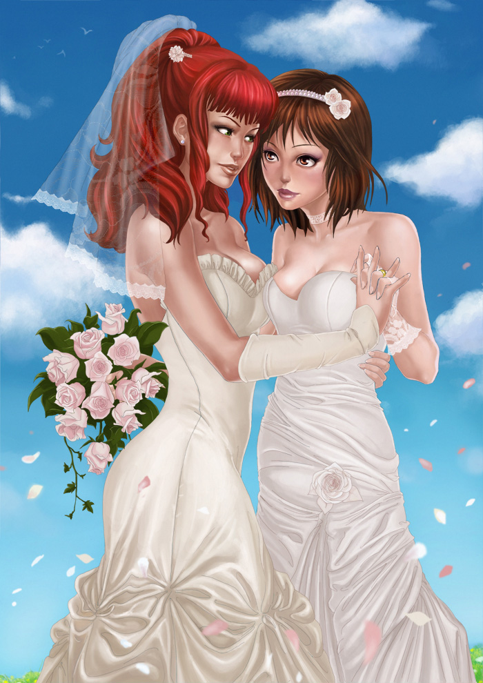 flower jung_freud multiple_girls takaya_noriko top_wo_nerae! wedding wife_and_wife yuri