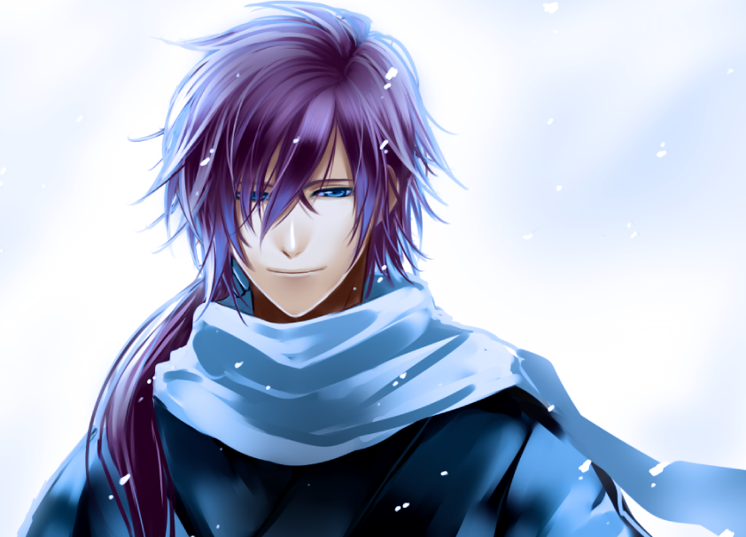2011_sendai_earthquake_and_tsunami bad_id bad_pixiv_id blue_eyes endroll-nex face hakuouki_shinsengumi_kitan male_focus ponytail purple_hair saitou_hajime_(hakuouki) scarf smile solo