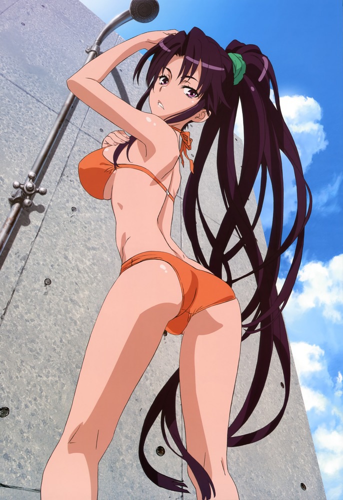 ass bikini blue_sky breasts cloud day from_behind from_below kanzaki_kaori large_breasts long_hair looking_back non-web_source orange_bikini outdoors parted_lips ponytail purple_eyes purple_hair showering sky solo swimsuit to_aru_majutsu_no_index very_long_hair