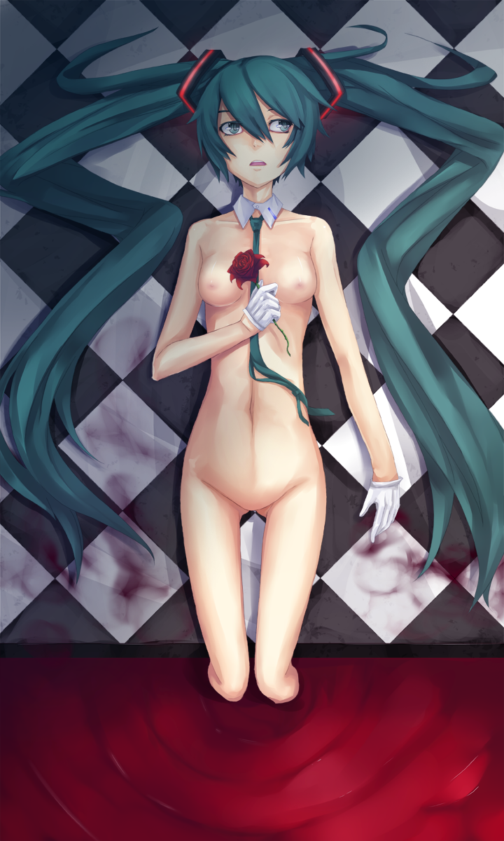 aqua_eyes aqua_hair bad_id bad_pixiv_id blood checkered checkered_floor detached_collar flower gloves hatsune_miku highres kawasaki_kana long_hair lying navel necktie no_pussy nude open_mouth red_flower red_rose rose solo twintails very_long_hair vocaloid
