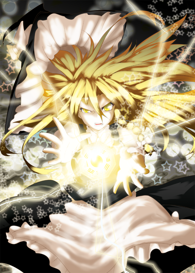 aiming_at_viewer blonde_hair hat kirisame_marisa light long_hair magic magic_circle master_spark mini-hakkero open_mouth outstretched_arms outstretched_hand solo soubi star touhou yellow_eyes