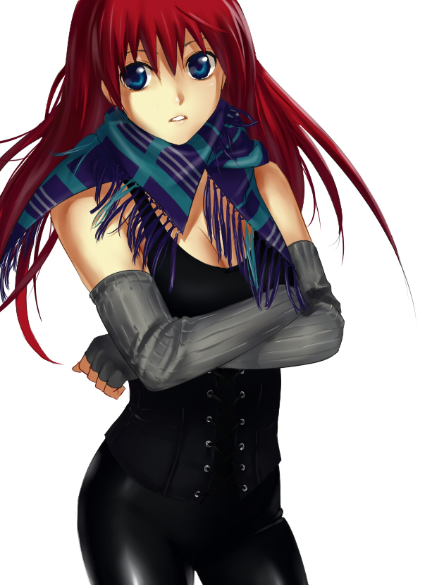 bad_id bad_pixiv_id blue_eyes breasts cleavage copyright_request corset crossed_arms elbow_gloves fingerless_gloves gloves long_hair medium_breasts red_hair scarf shiromi_(ringo) simple_background solo