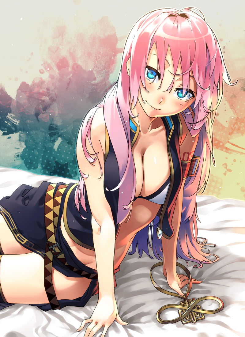 arm_support bare_shoulders bed_sheet black_legwear blue_eyes breasts cleavage kawazu large_breasts long_hair looking_at_viewer megurine_luka midriff pink_hair smile solo thighhighs vest vocaloid