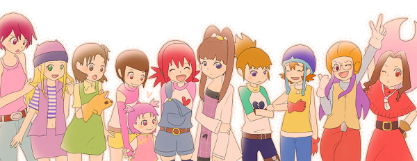 6+girls amano_nene belt blonde_hair brown_hair crossed_arms digimon digimon_adventure digimon_adventure_02 digimon_adventures_02 digimon_frontier digimon_savers digimon_tamers digimon_xros_wars dress female fujieda_yoshino glasses gloves hat heart hinomoto_akari inoue_miyako katou_juri li_shaochung makino_ruki multiple_girls orimoto_izumi pink_hairoveralls pink_hat ponytial puppet purple_hair red_hair shorts stampede_string striped tachikawa_mimi takenouchi_sora wink yagami_hikari