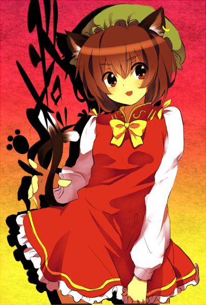 :3 animal_ears bad_id bad_pixiv_id bow brown_eyes brown_hair cat_ears cat_tail chen dress earrings fuuma_(gjmwja) hat jewelry multiple_tails short_hair smile solo tail touhou