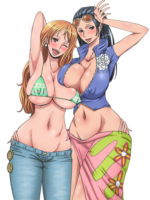 arm_up asymmetrical_docking black_hair blush breast_press breasts brown_eyes brown_hair cleavage earrings groin hand_on_hip huge_breasts jewelry long_hair mikanberry multiple_girls nami_(one_piece) navel nico_robin one_eye_closed one_piece open_mouth sunglasses