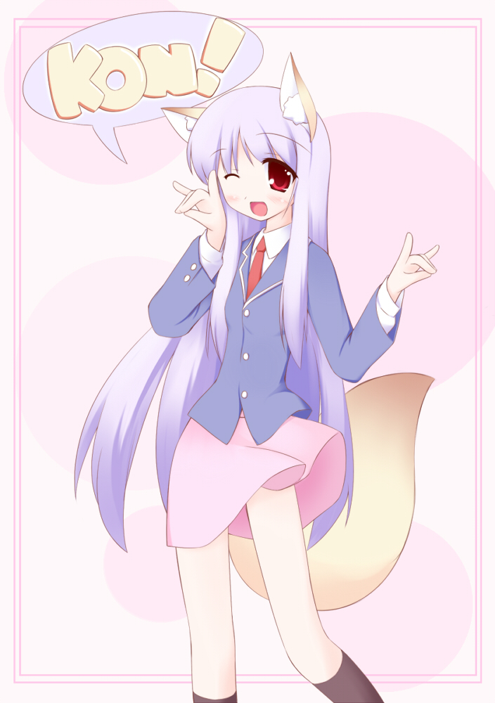 alternate_costume alternate_hairstyle animal_ears blush fox_ears fox_tail hand_gesture long_hair miyo_(miyomiyo01) one_eye_closed open_mouth pun red_eyes reisen_udongein_inaba school_uniform solo tail touhou