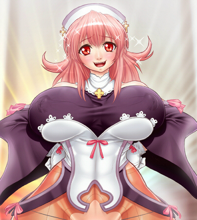 breasts covered_nipples cross gigantic_breasts hands_on_hips hat la_pucelle lowres pantyhose pink_hair prier solo sparkle