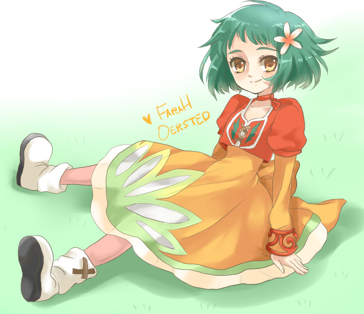 back_bow bad_id bad_pixiv_id bow brown_eyes character_name choker cropped_jacket dress farah_oersted flower full_body green_background green_hair hair_flower hair_ornament mehi messy_hair orange_dress pantyhose pink_legwear red_choker shoes short_hair sitting smile solo tales_of_(series) tales_of_eternia
