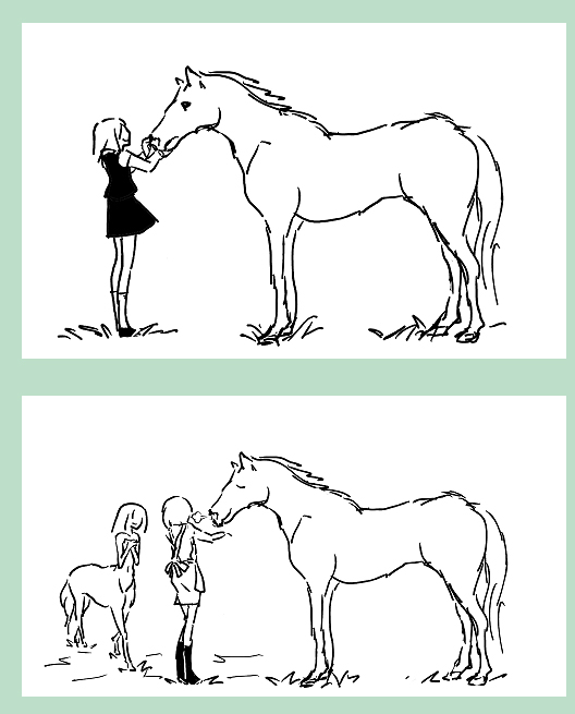 centaur commentary family greyscale horse long_hair monochrome multiple_girls original short_hair sirahase sketch tail