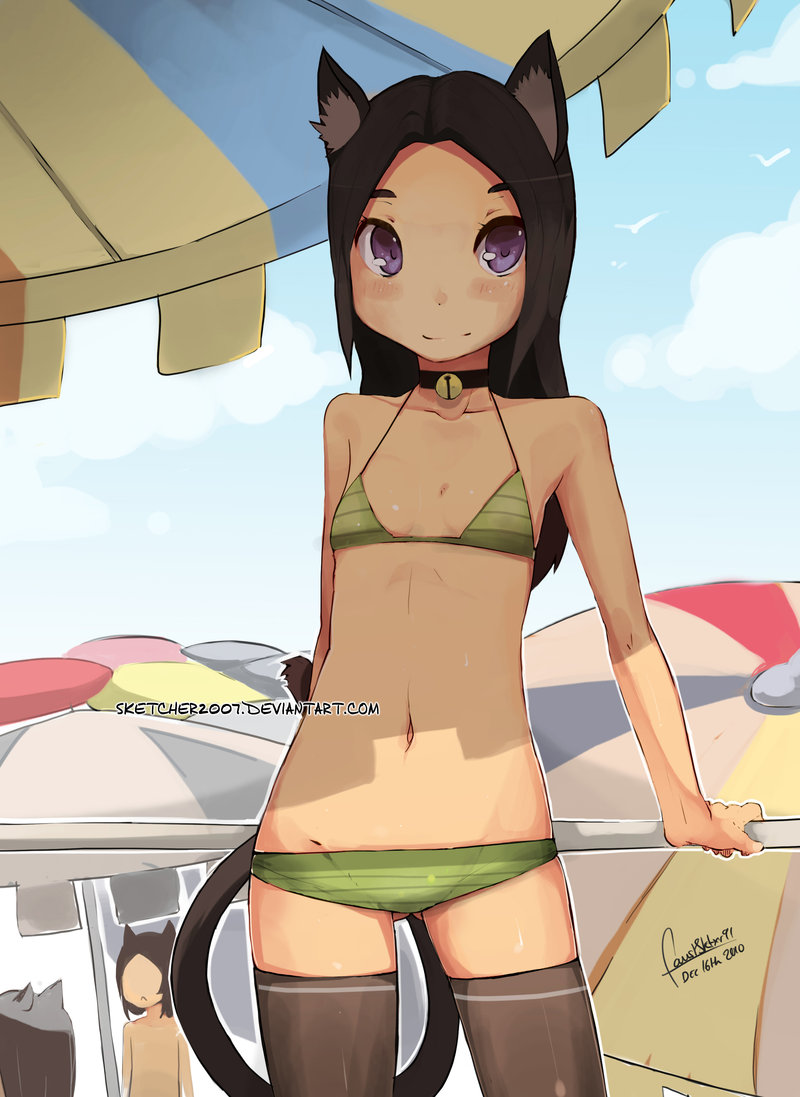animal_ears beach bell bell_collar bikini black_hair cat_ears cat_tail collar dated day face faustsketcher flat_chest long_hair navel original outdoors petite purple_eyes signature skindentation smile solo swimsuit tail thighhighs watermark web_address