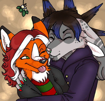 black_hair canine cinnamon couple eyes_closed female fox green_eyes hair holly_massey kissing logn_hair male mistletoe one_eye_closed red_hair shirt skihi tongue