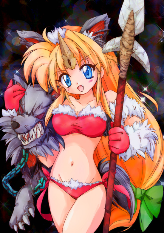 angry animal_ears bad_id bad_pixiv_id bare_shoulders bikini blonde_hair blue_eyes blush bow chain fang fenrir_knight grey_wolf groin hair_ribbon horn long_hair low-tied_long_hair polearm ribbon riesz seiken_densetsu seiken_densetsu_3 smile solo spear swimsuit weapon wolf wolf_ears zipang_(zip@ng_works)