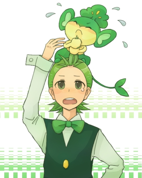 1boy dent_(pokemon) dento_(pokemon) green_hair pansage pokemon yanappu
