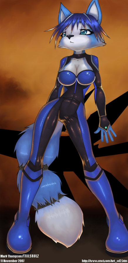 2007 blue blue_eyes blue_hair bodysuit canine female fox hair krystal short_blue_hair short_hair skinsuit solo standing star_fox strangin tail tail_band tailsrulz video_games