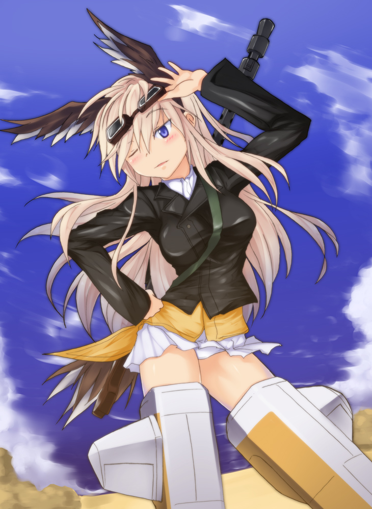 bad_id bad_pixiv_id bird_tail blonde_hair blue_eyes goggles gun hanna-justina_marseille head_wings kuronyan long_hair one_eye_closed solo strike_witches tail weapon world_witches_series