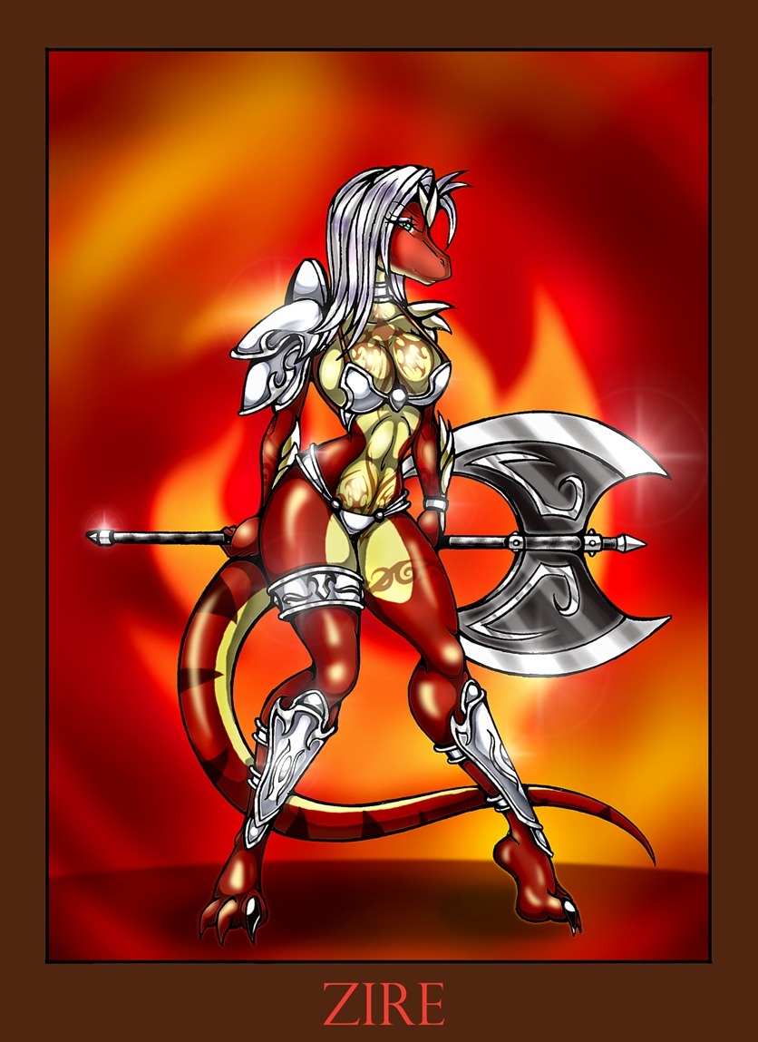 arturo_juarez axe breasts claws cleavage collar dinosaur dragon fantasy female green_eyes hair looking_at_viewer muscles nipples raptor reptile salamander scalie solo standing unconvincing_armour warrior weapon white_hair zire