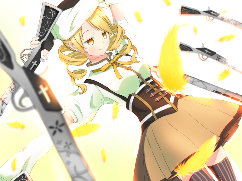 amasak arm_up beret blonde_hair blurry brown_legwear corset cuts depth_of_field detached_sleeves drill_hair dutch_angle feathers fingerless_gloves gloves gun hair_ornament hairpin hat injury looking_down magical_girl magical_musket mahou_shoujo_madoka_magica outstretched_arm pleated_skirt puffy_sleeves ribbon rifle shirt skirt smile solo striped striped_legwear taut_clothes taut_shirt thighhighs tomoe_mami twin_drills twintails vertical-striped_legwear vertical_stripes weapon yellow_eyes zettai_ryouiki