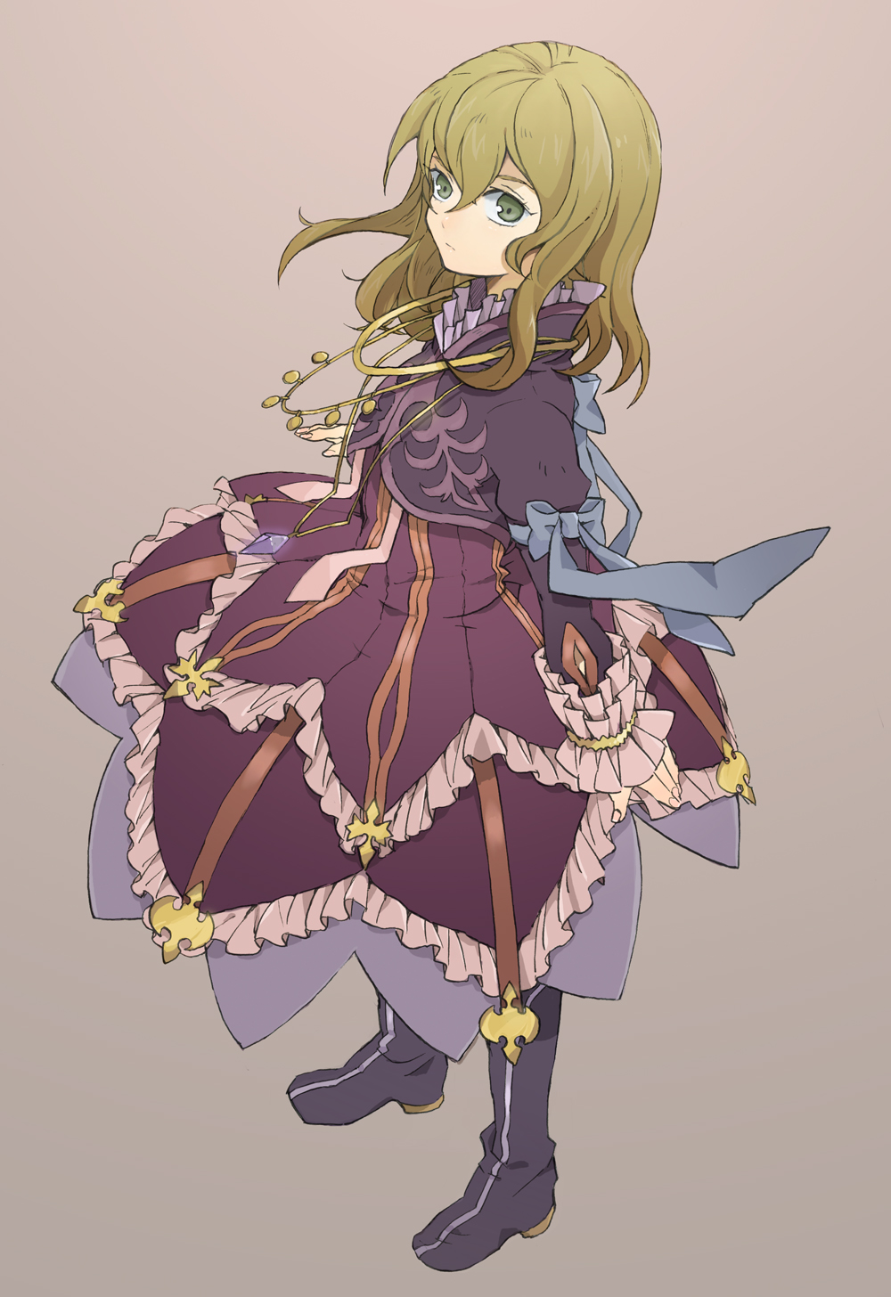 bad_id bad_pixiv_id boots bow brown_hair dokkoi_shouichi dress elize_lutus frills full_body green_eyes highres jewelry long_hair necklace pendant purple_footwear ribbon serious simple_background solo tales_of_(series) tales_of_xillia