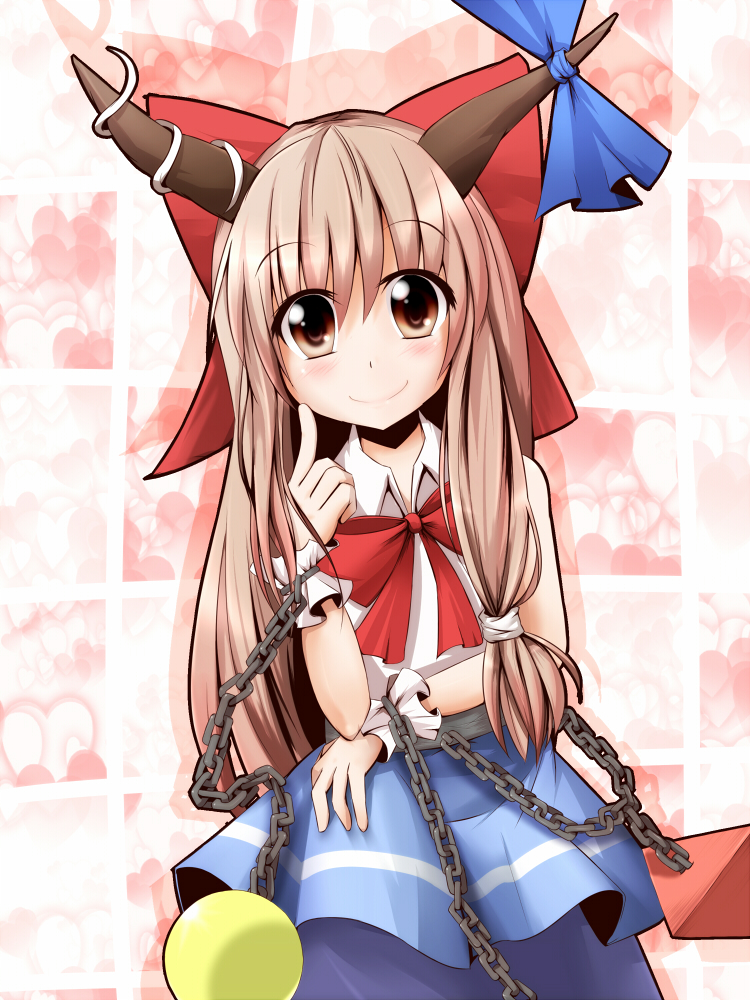 blonde_hair blush bow brown_eyes chain dress hair_bow hiro_(pqtks113) horns ibuki_suika long_hair ribbon smile solo touhou