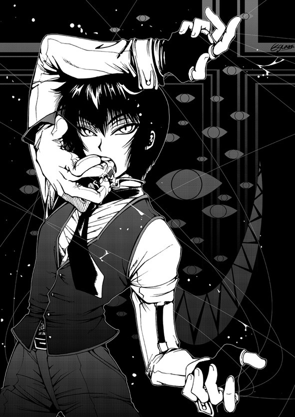 butler finger_in_mouth fingers_in_mouth hellsing male male_focus monochrome solo walter wire