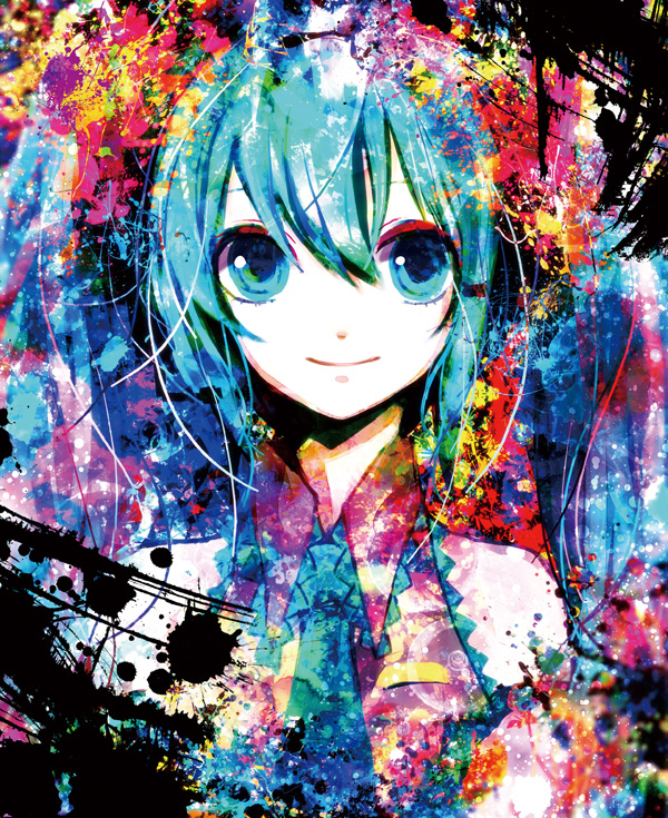 aqua_eyes aqua_hair bad_id bad_pixiv_id colorful face hatsune_miku necktie sazanami_shione smile solo upper_body vocaloid