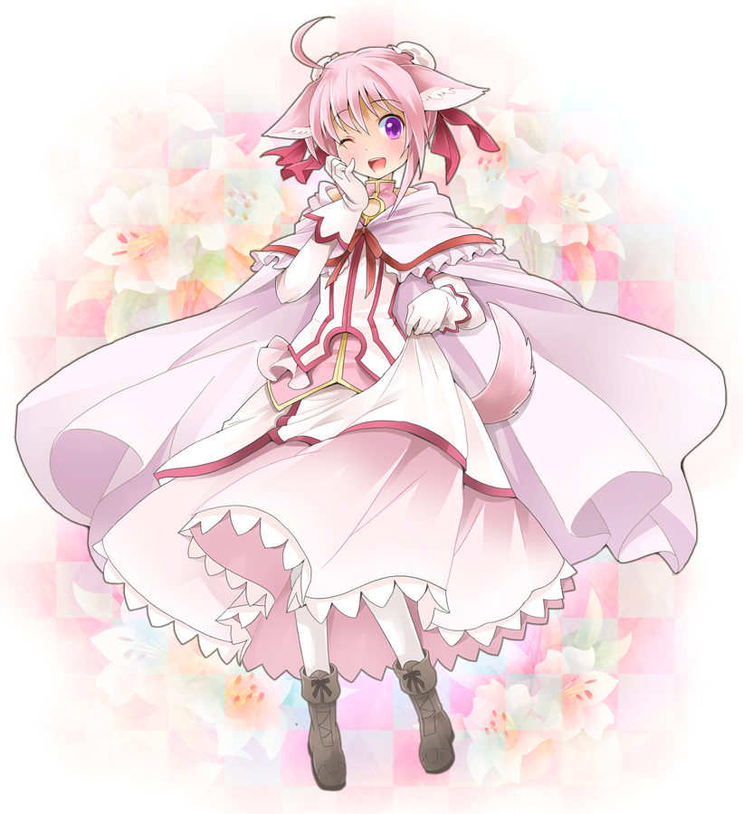 ahoge animal_ears bad_id bad_pixiv_id cape dog_days dog_ears dog_girl dog_tail dress dress_tug gloves hand_on_own_cheek hand_on_own_face michii_yuuki millhiore_f_biscotti one_eye_closed open_mouth pantyhose pink_dress pink_hair purple_eyes smile solo tail white_gloves white_legwear